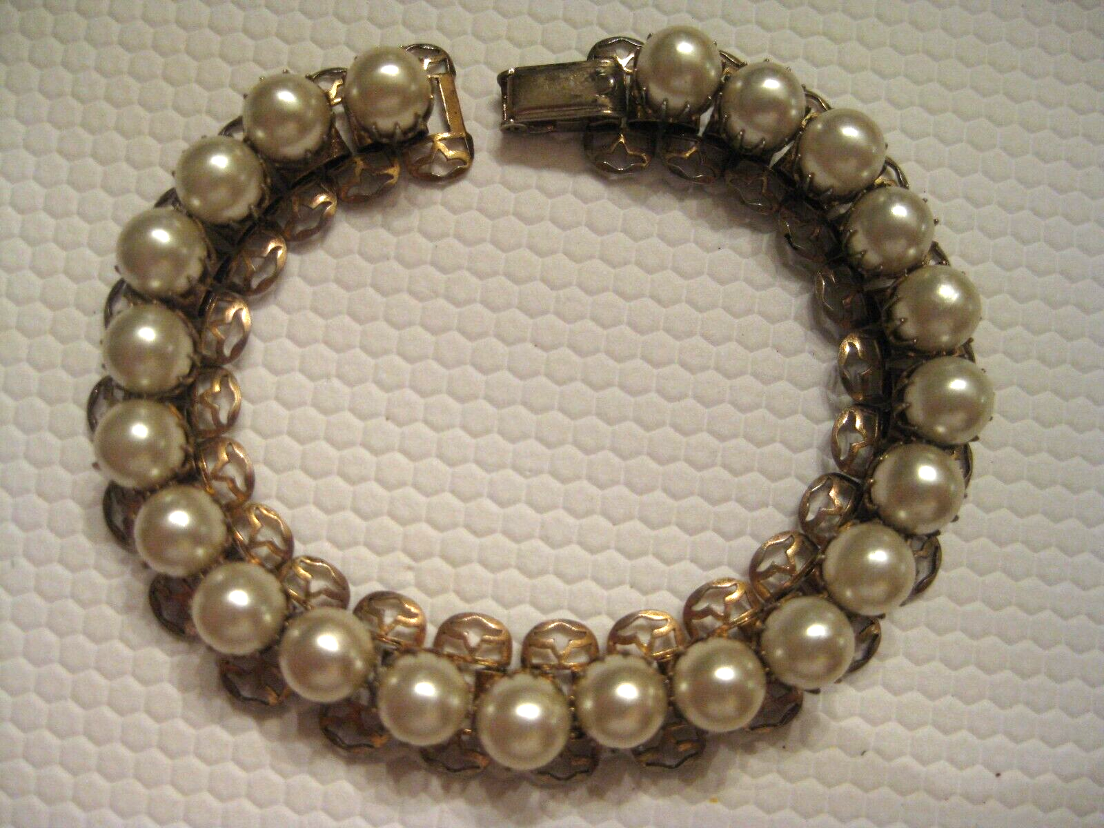 Coro Faux Pearls Book Chain Bracelet Pre 1955 Prong Set Open Work Gilded Brass eBay