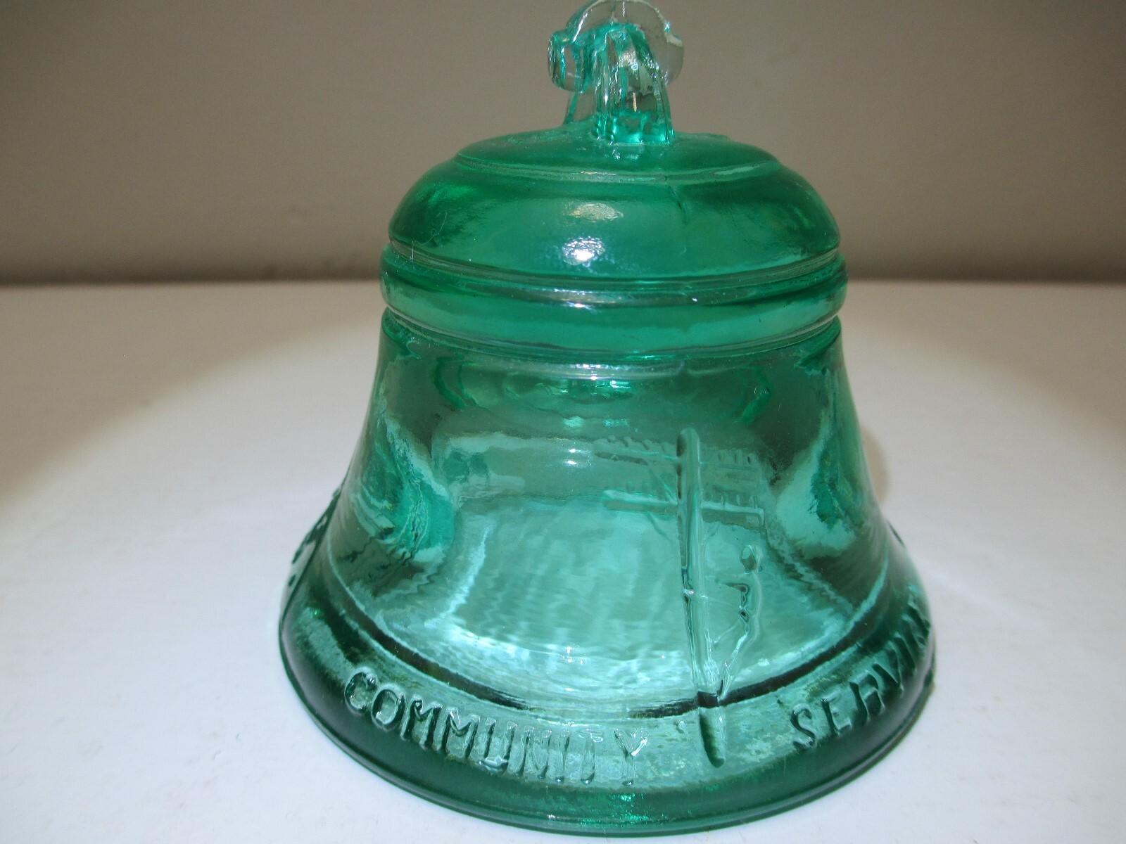 Vintage Telephone Pioneers of America Glass Bell Paperweight Teal Green 1989