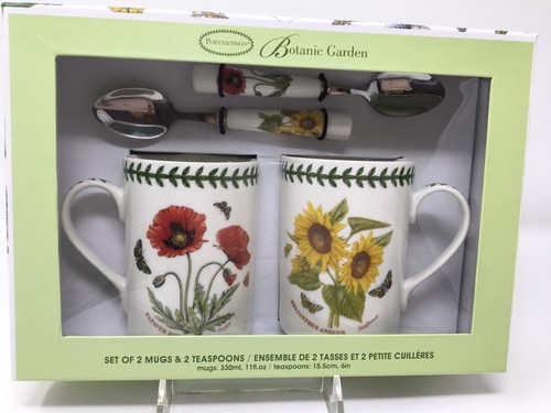 Sunflower &Poppy  BOTANIC GARDEN SET OF 2 MUGS W/ Spoons SET PORTMERION NEW