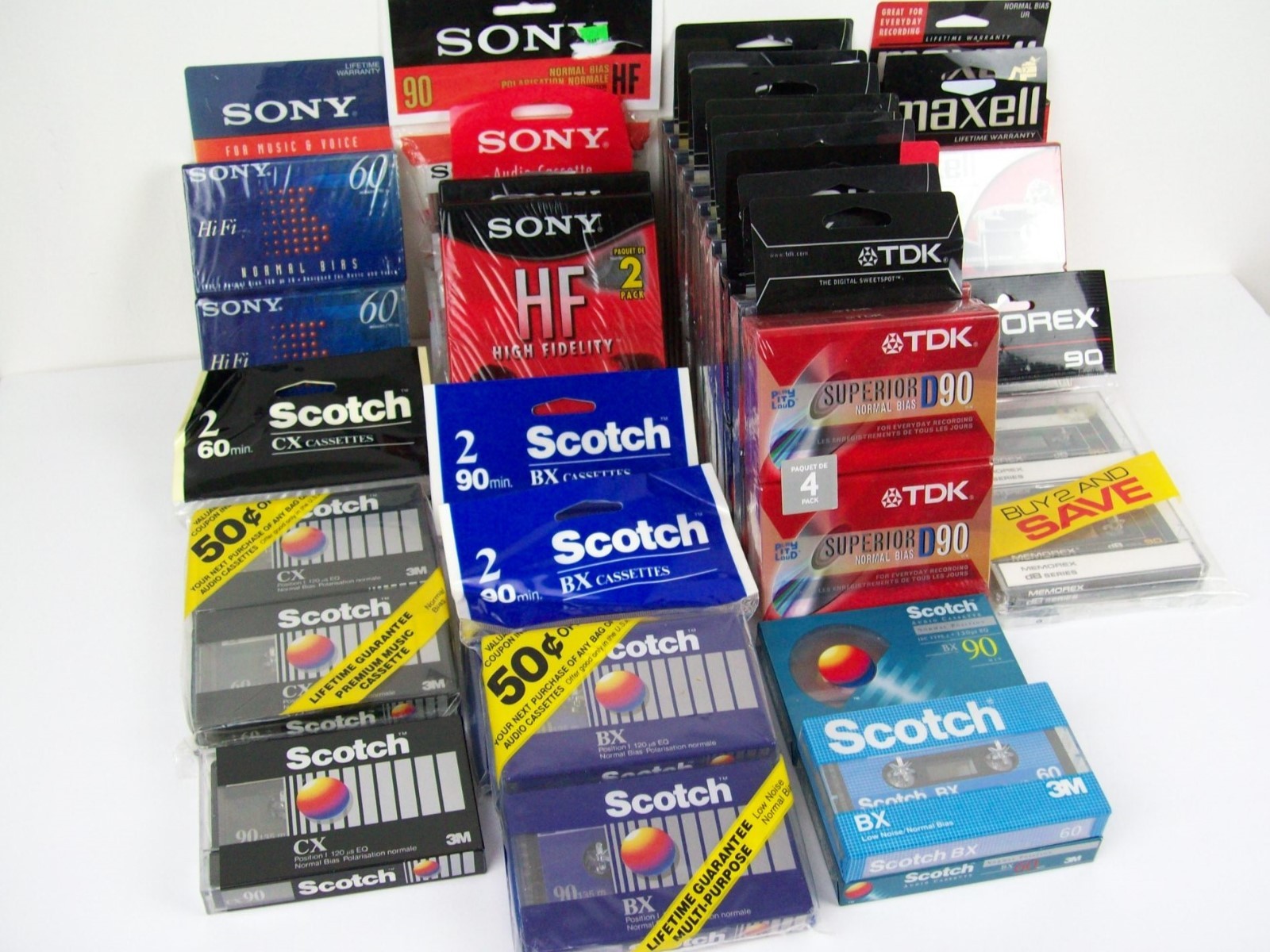 50 Blank Audio Cassette Tape Lot Sony TDK Memorex Maxell 60 90 Minutes  Sealed