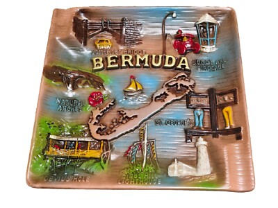 Vintage Bermuda 8'' 3D souvenir plaque glazed ceramic wall plate 