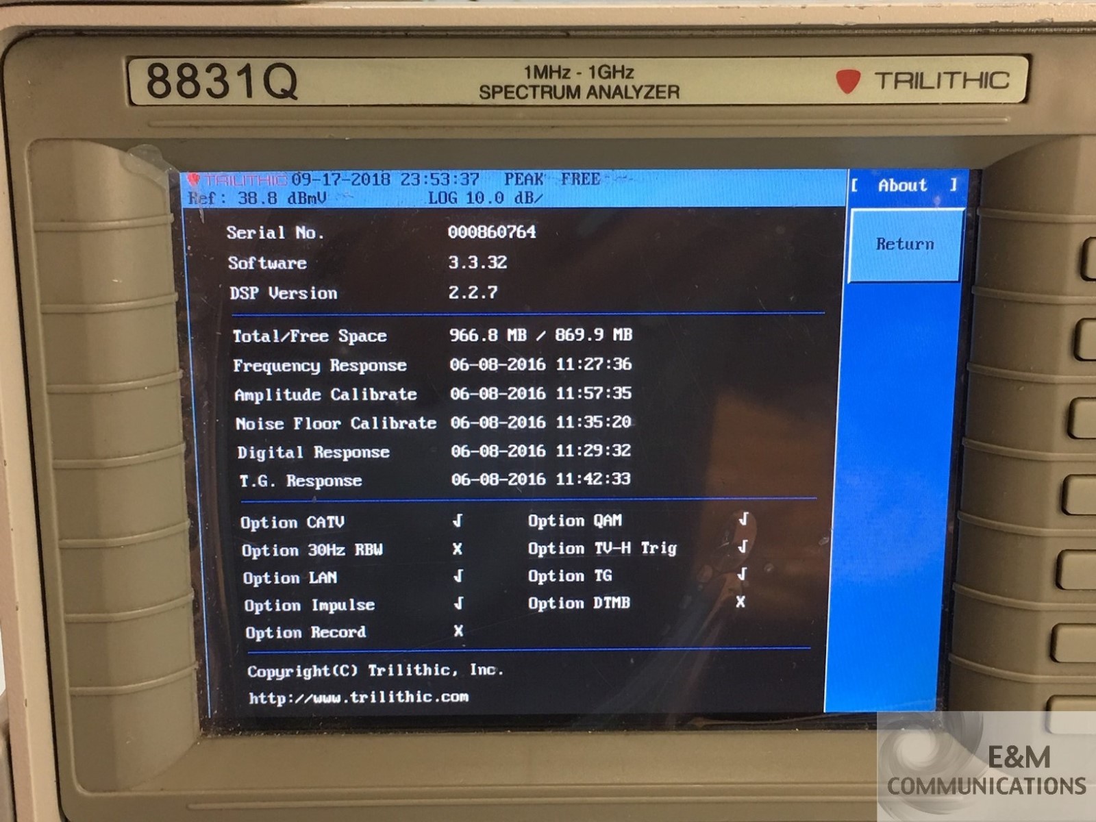 8831Q TRILITHIC SPECTRUM ANALYZER 1 MHz to 1 GHz 75 OHM W/ OPTIONS, PWR ADAPTER