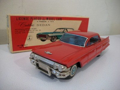 Bandai Tin Friction '61 Cadillac/'61 Thunderbird In Factory Error Original Box