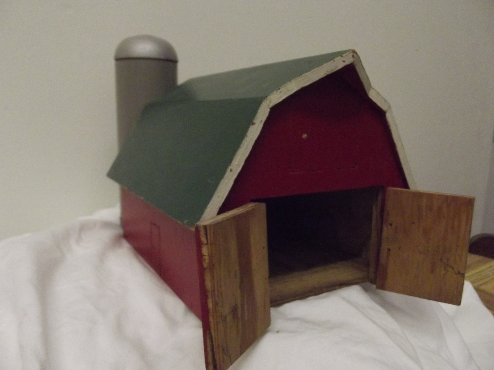Eleven & 1/2 inch long Toy Handmade Wooden Red Barn and Silo Two Entrance Doors