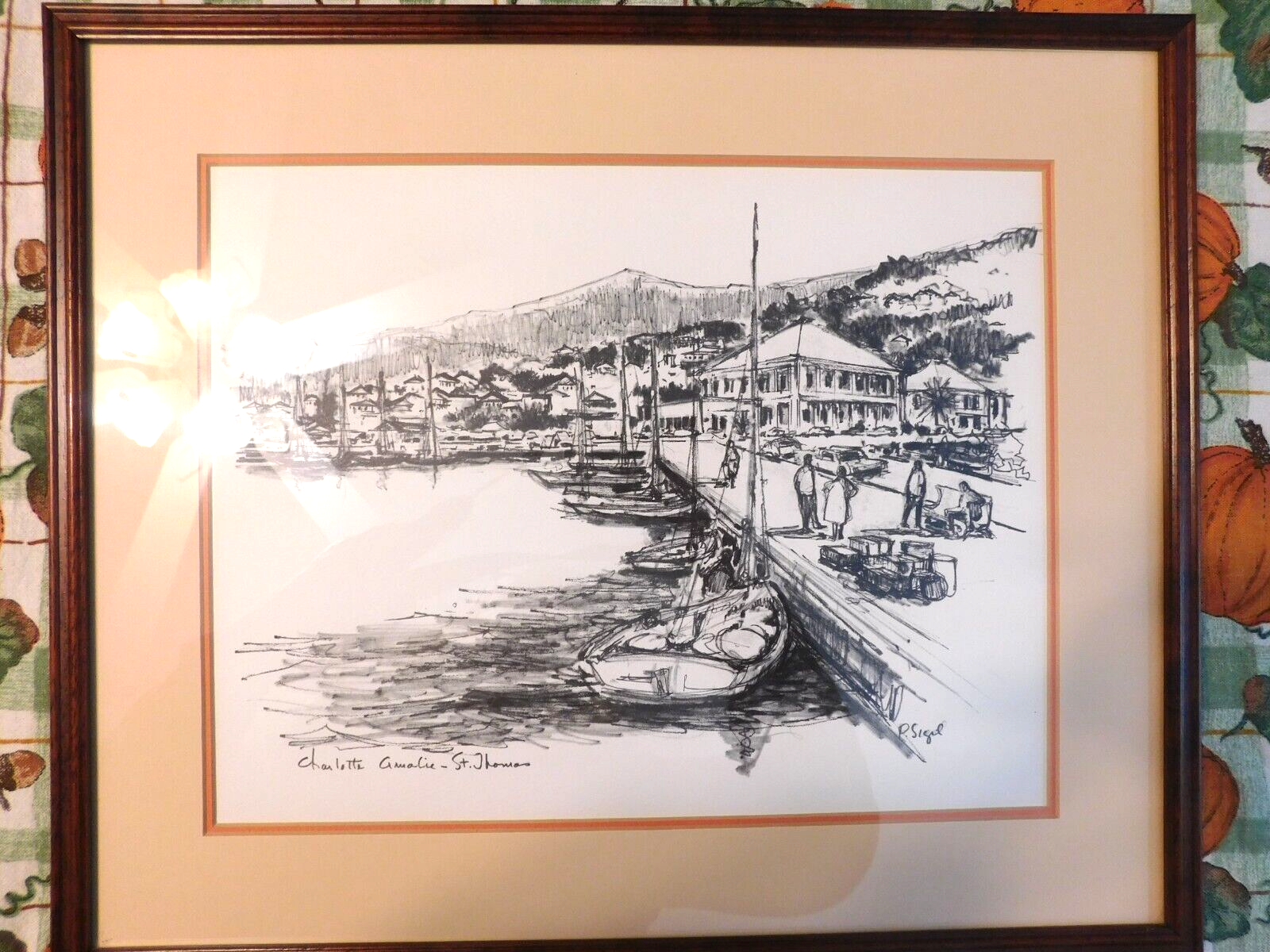 P SIGAL, CHARCOAL PRINT, SIGNED, 1974,Marina Street Scene