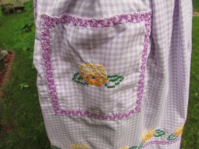 Vintage Cotton Gingham Lilac & White Half Apron with Cross Stitching