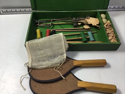Vintage Marks Brothers Table Tennis Ping Pong Wood Box Set Mini Mallets Game
