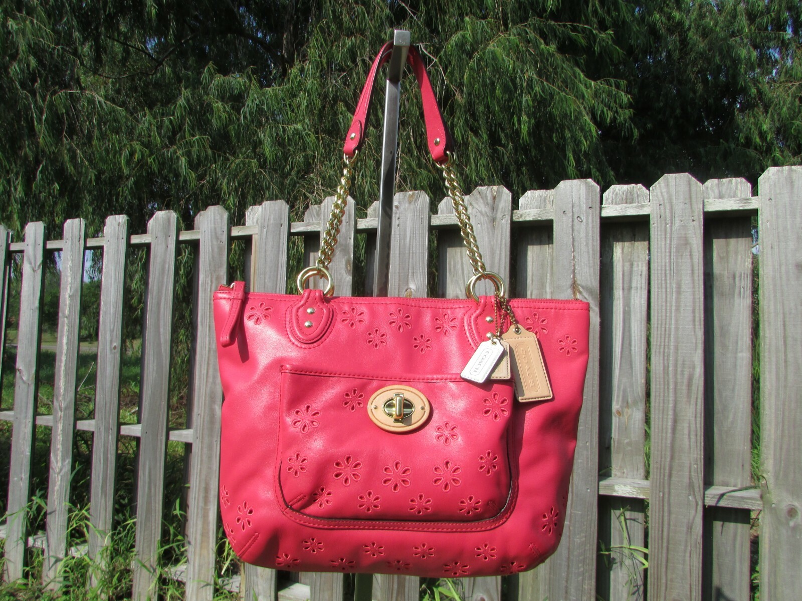 Coach 23842 Poppy Eyelet Pink Leather Chain Link Strap Coach 23842 Poppy Eyelet Pink Leather Chain Link Strap