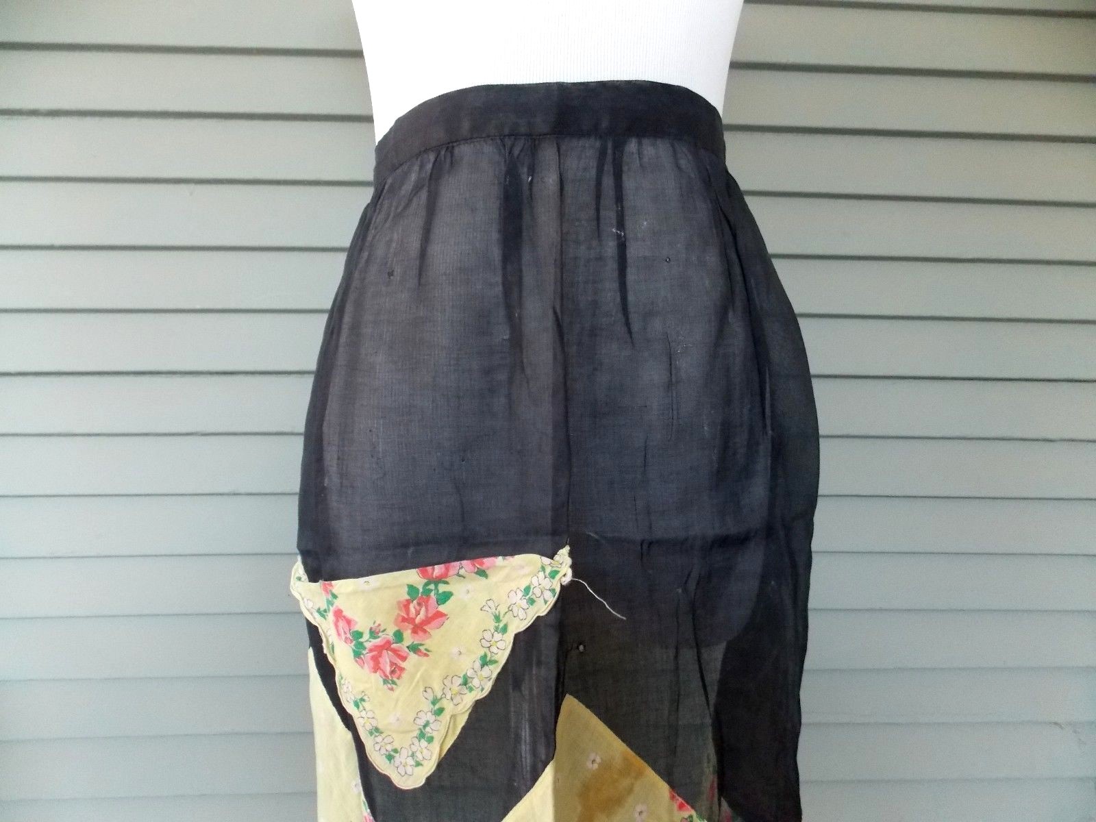 Vintage Handmade Half Apron Black Sheer Yellow Handkerchief Pink Flowers Trim