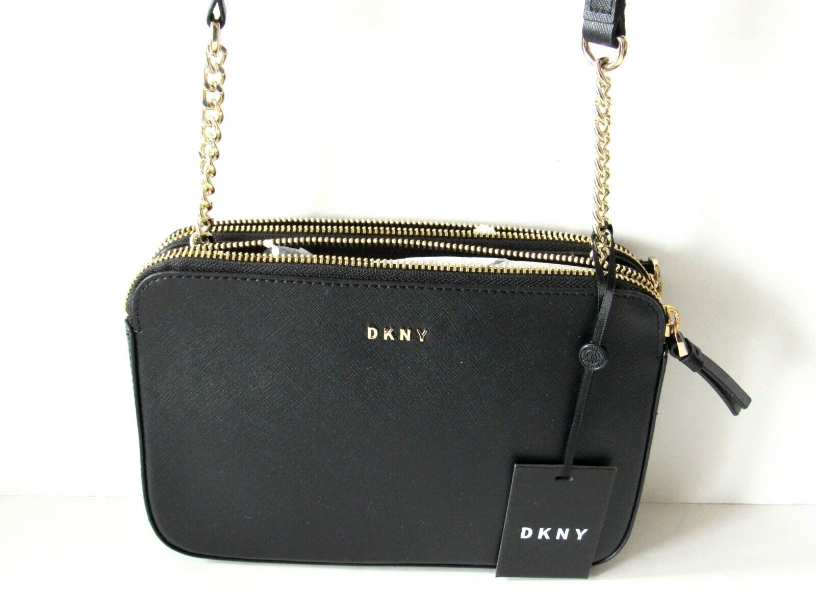 DKNY Small Black Three Compartment Crossbody Bag Purse Chain Strap NEW