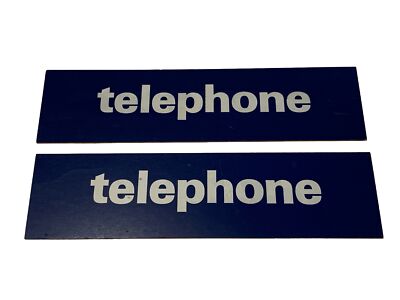 2 Vintage TELEPHONE PHONE BOOTH Sign Blue White Lettering Pressed Board 18x4.5 