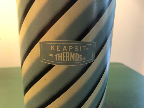 1963 Vintage Keapsit Blue Cream Black Stripe Half Pint Vacuum Thermos With Label