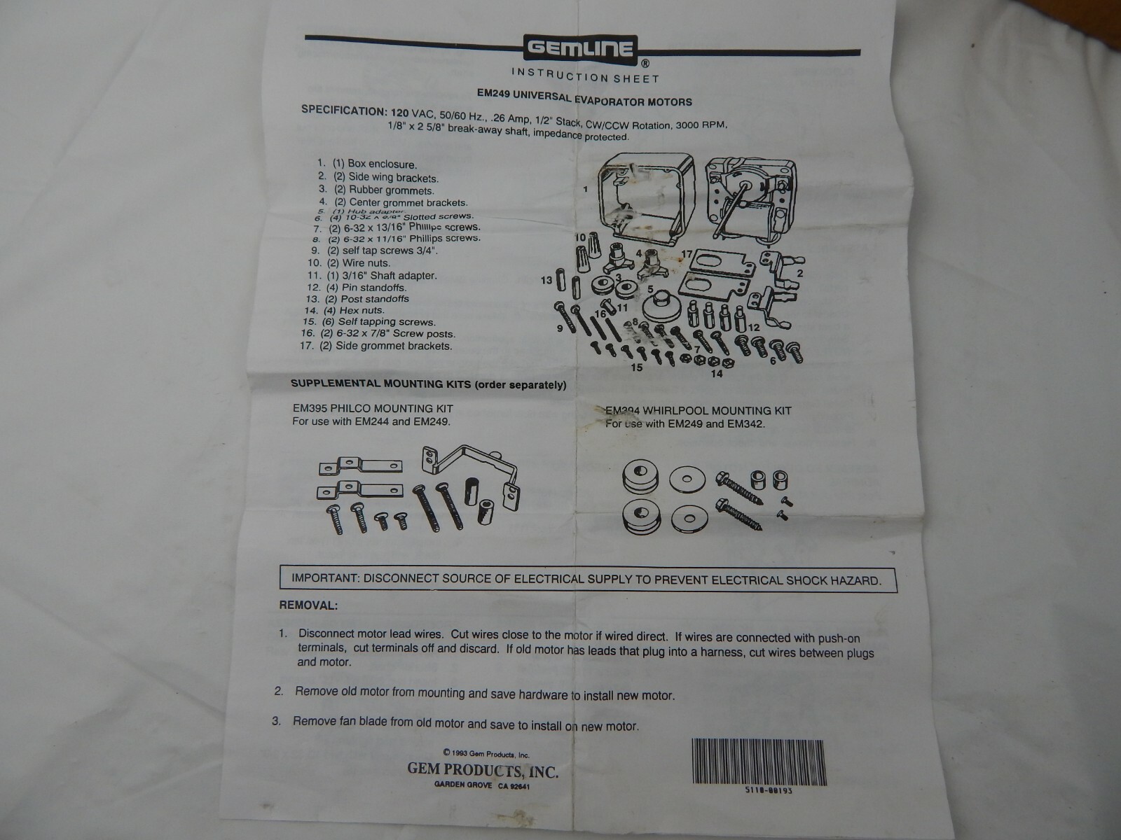 Gemline EM249 Universal Evap. Motor 120VAC 50/60hz. .26Amp 1/2