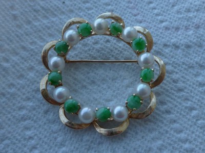 Estate LJ 14K Yellow Gold Pearl and Emerald Cabochon or Jade Brooch 9.7 Grams
