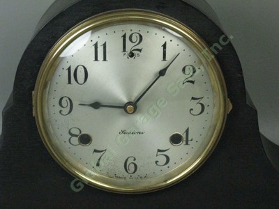 Vtg Antique Sessions Mantle Tambour Scroll Clock Eight Day Chimes Pendulum + Key