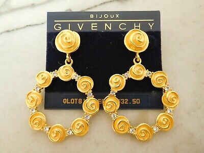 Givenchy Matte Earrings Matte Gold Plated Post Dangle Swirls Crystals New