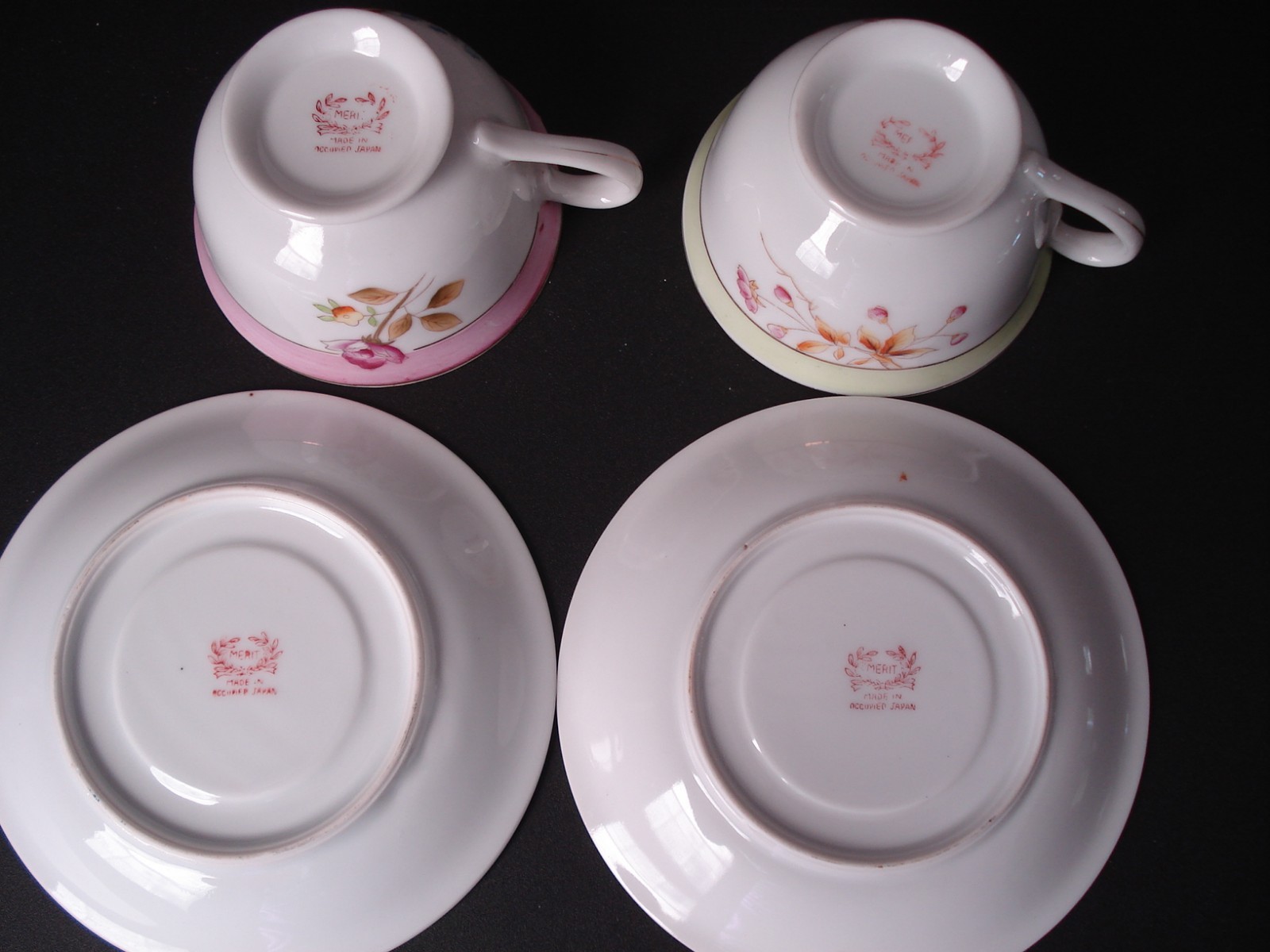 2 tea cups and saucers Merit made in occupied Japan pink green floral flowers