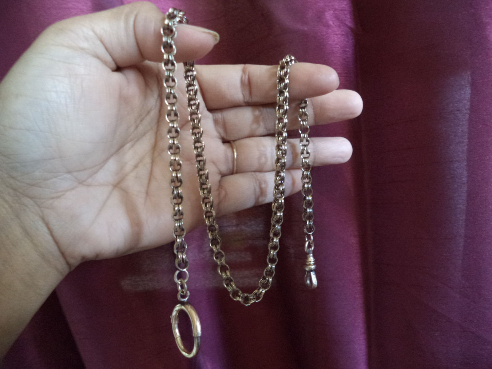 Superb Antique Victorian 9K Low Karat Gold Rolo Watch Chain w/ Large GF Clasp
