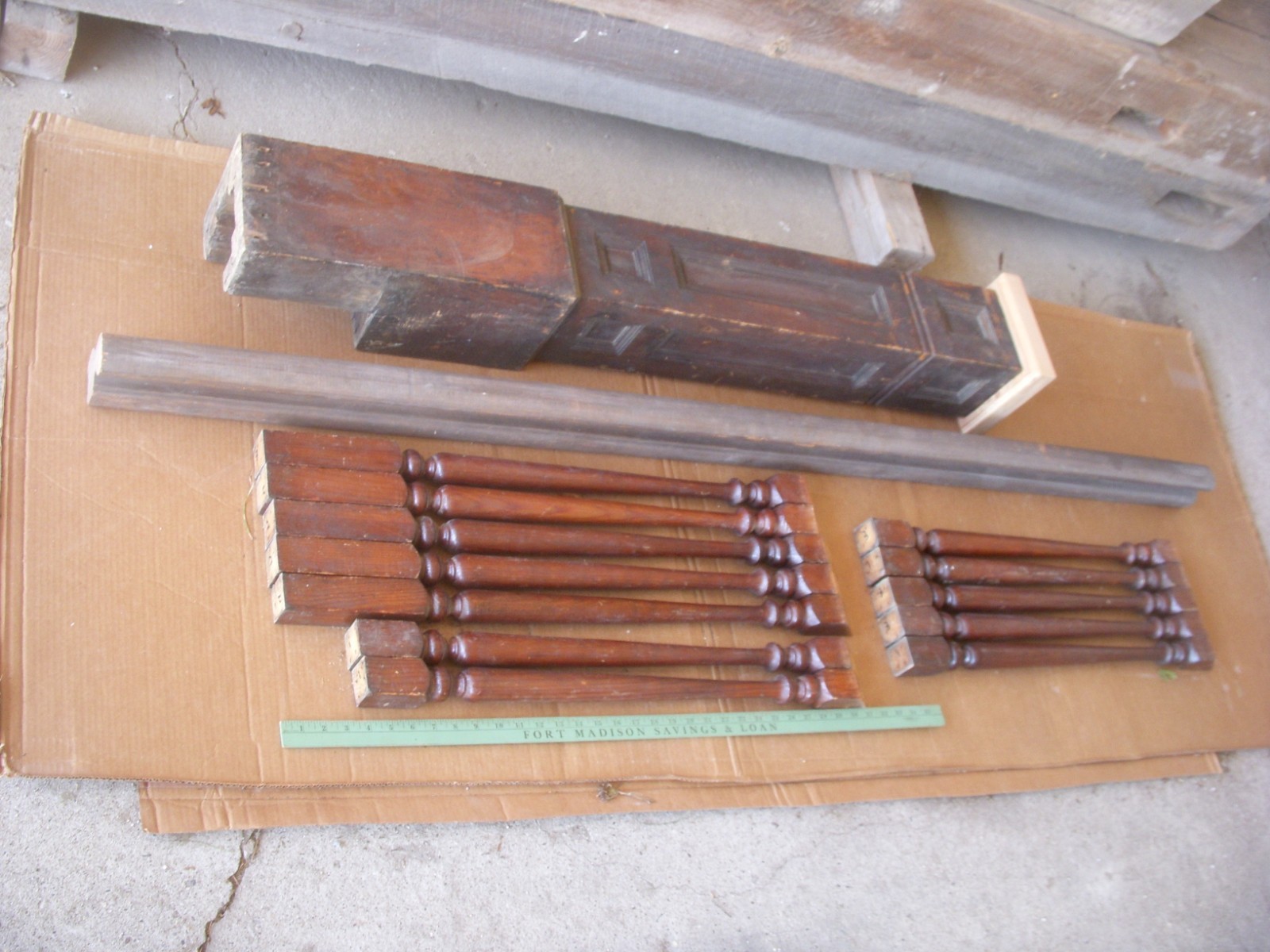 antique newel post & railing & spindles.