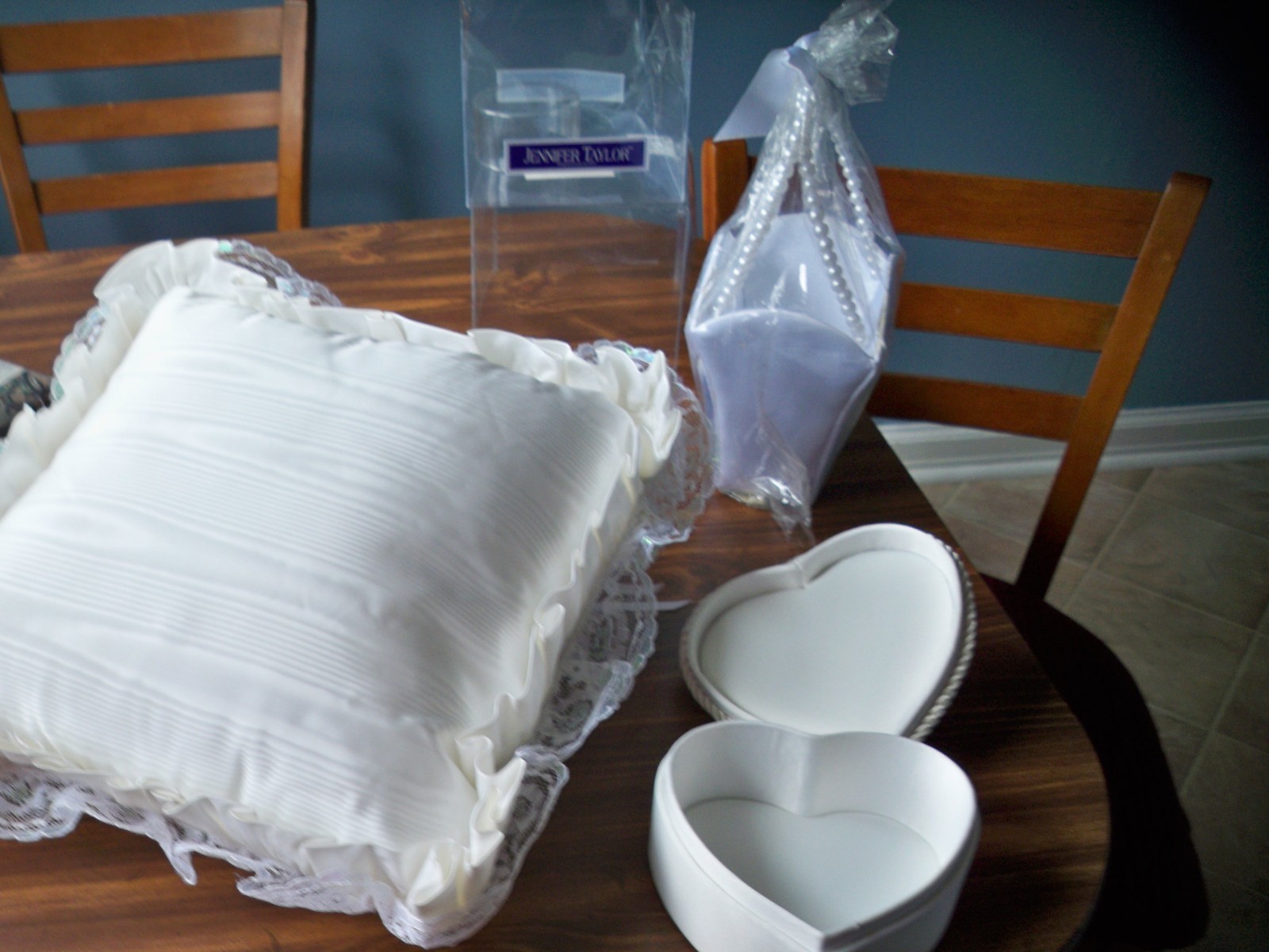 LACE WEDDING RING PILLOW,PEARL HANDLE FLOWER GIRL BASKET,AND BRIDAL CHEST BOX