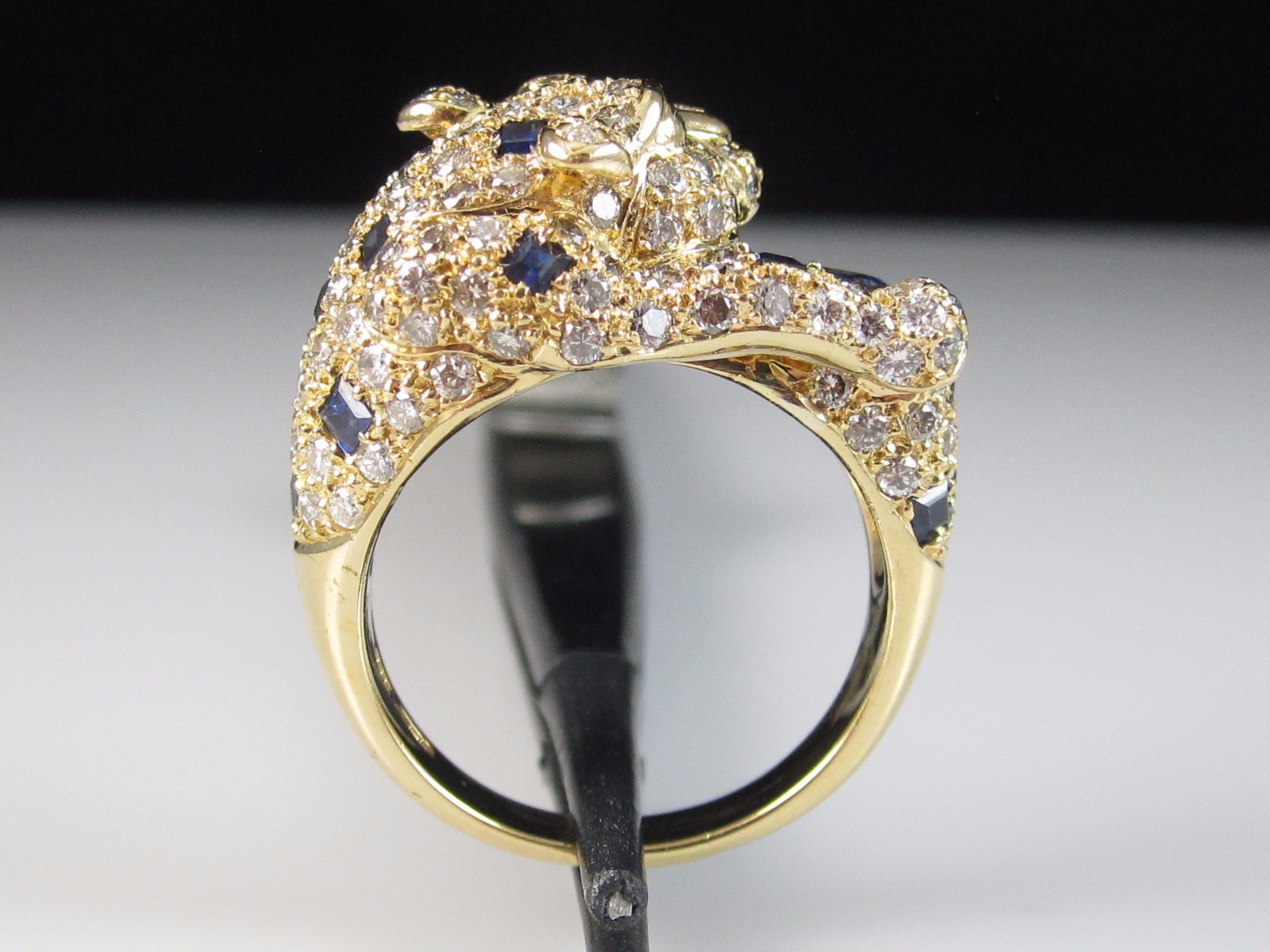 18K Panther Ring Sapphire Diamond Emerald Eyes Cat 4.18ctw Fine 11.5 gr Size 7.5