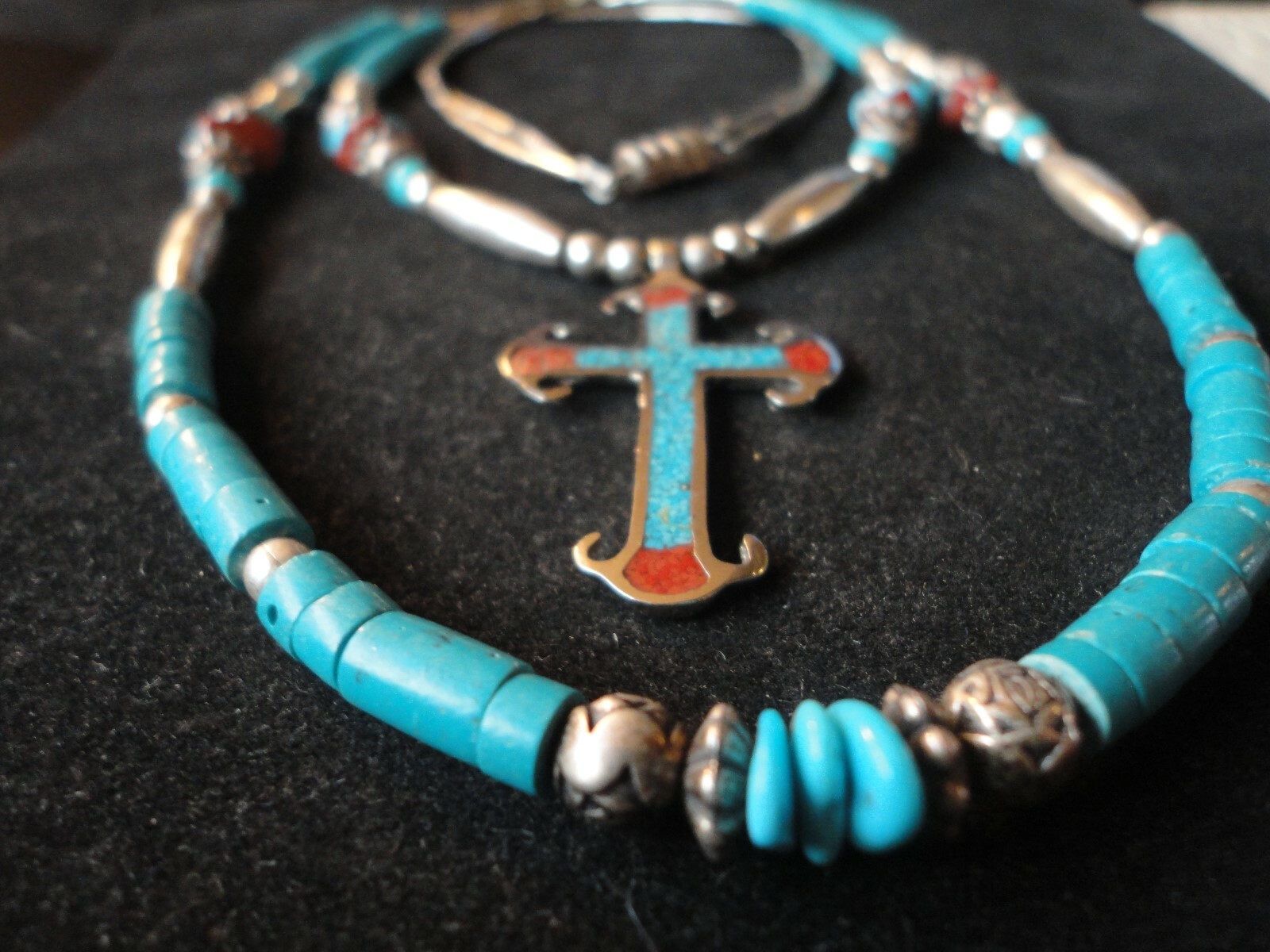 Southwestern Sterling Silver Turquoise & Red Coral Bead With Cross 23