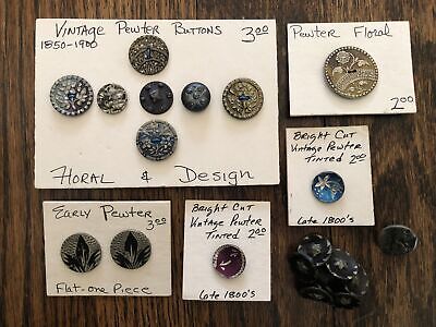 Lot Of 23 Antique Victorian Pewter Buttons, Tinted, Globe, Floral, Designs