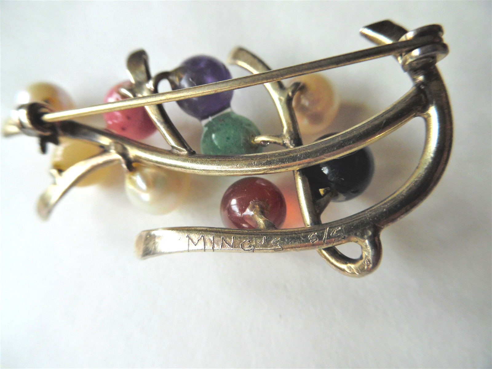 MING'S VTG Tutti Fruiti Multi Color Gems Pearls Sterling Gold Vermeil Brooch Pin