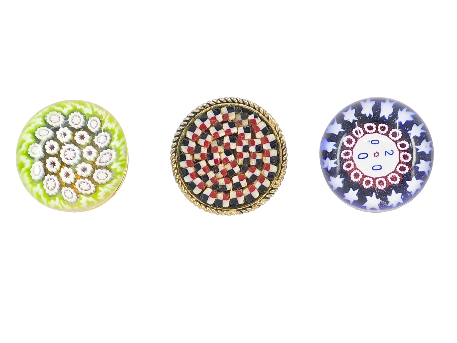 VINTAGE VERY RARE 3 ROUND SHAPE MICRO MOSAIC & MURANO GLASS MILLIFIORI TIE PIN