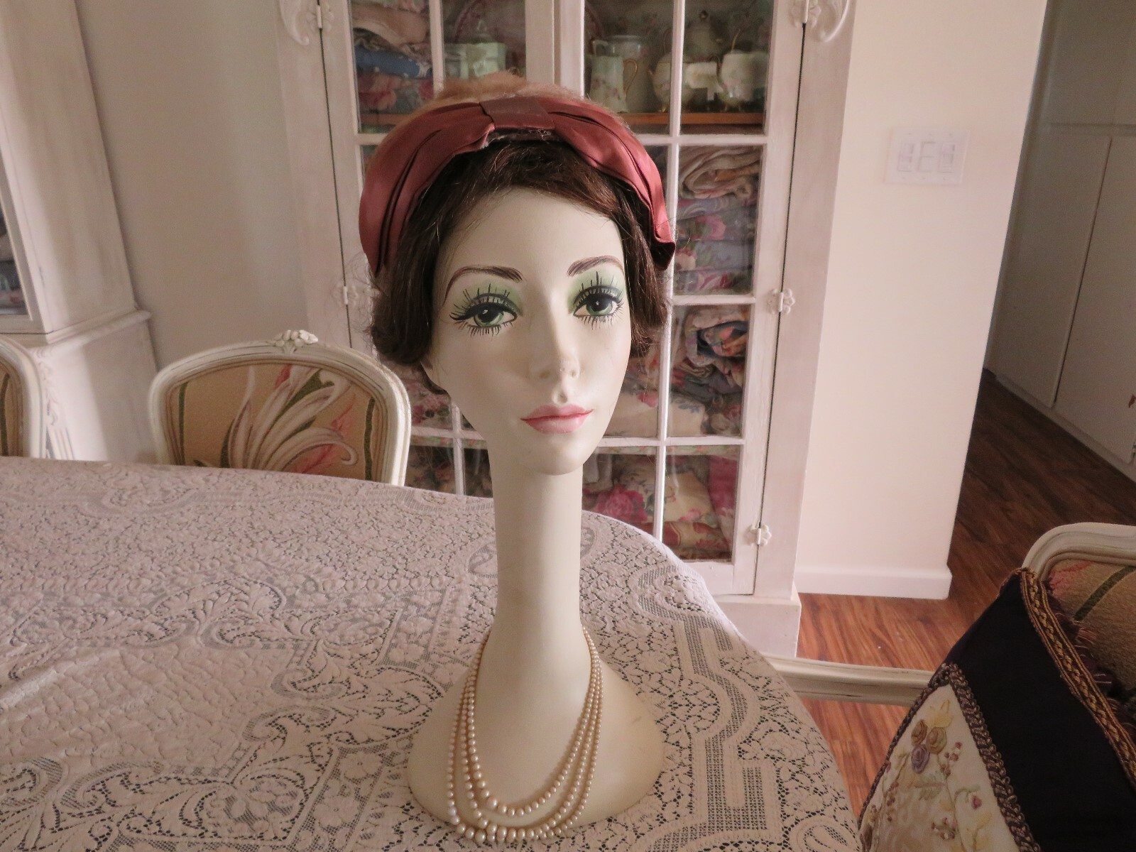 Antique FRENCH Elongated Neck Hand Painted Face BEAUTIFUL GREEN EYED MANNEQUIN