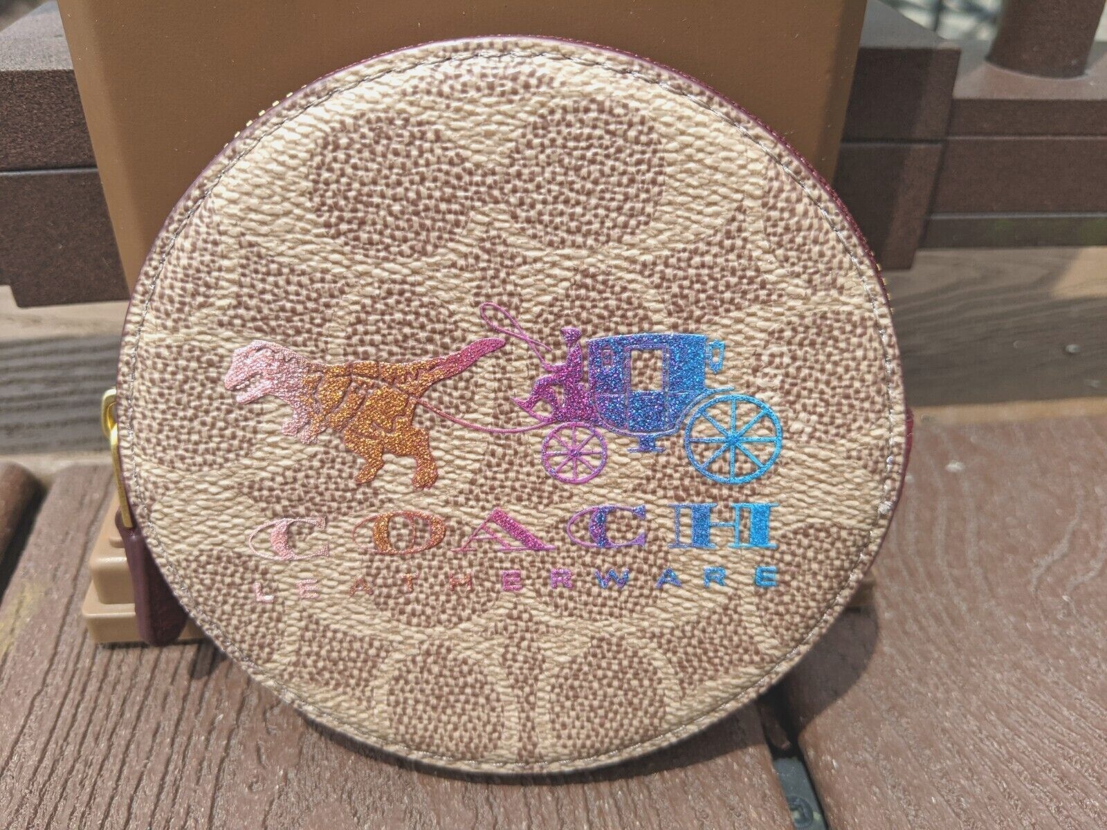Coach Rexy & Carriage Tan 🦖 T-Rex Round Coin Case Card Holder