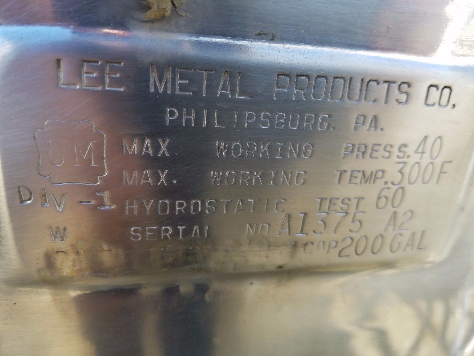 Lee kettle, 200 gallon capacity, full jacketed for 40 PSI