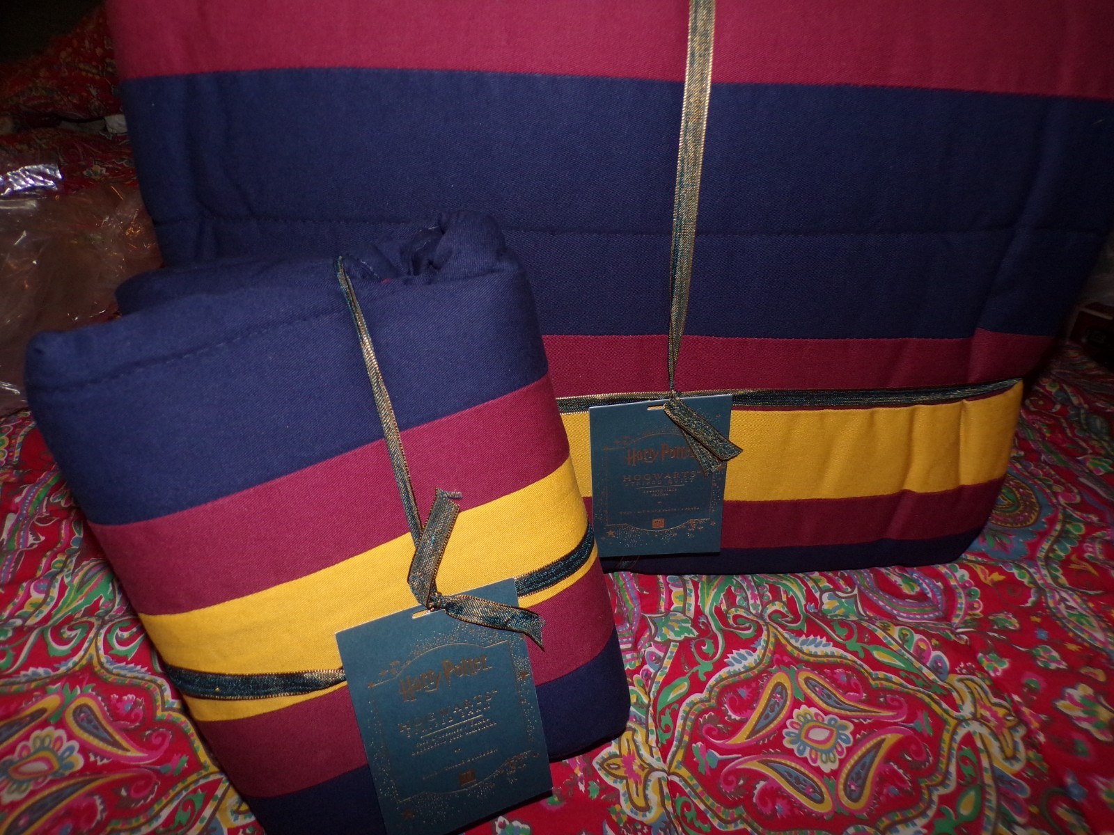 POTTERY BARN TEEN HARRY POTTER HOGWARTS Striped Quilt, TWIN +1 EURO Sham, NEW