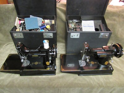 2 Vintage Singer Featherweight Sewing Machines in Black w/Case 1 Works 1 Maybe