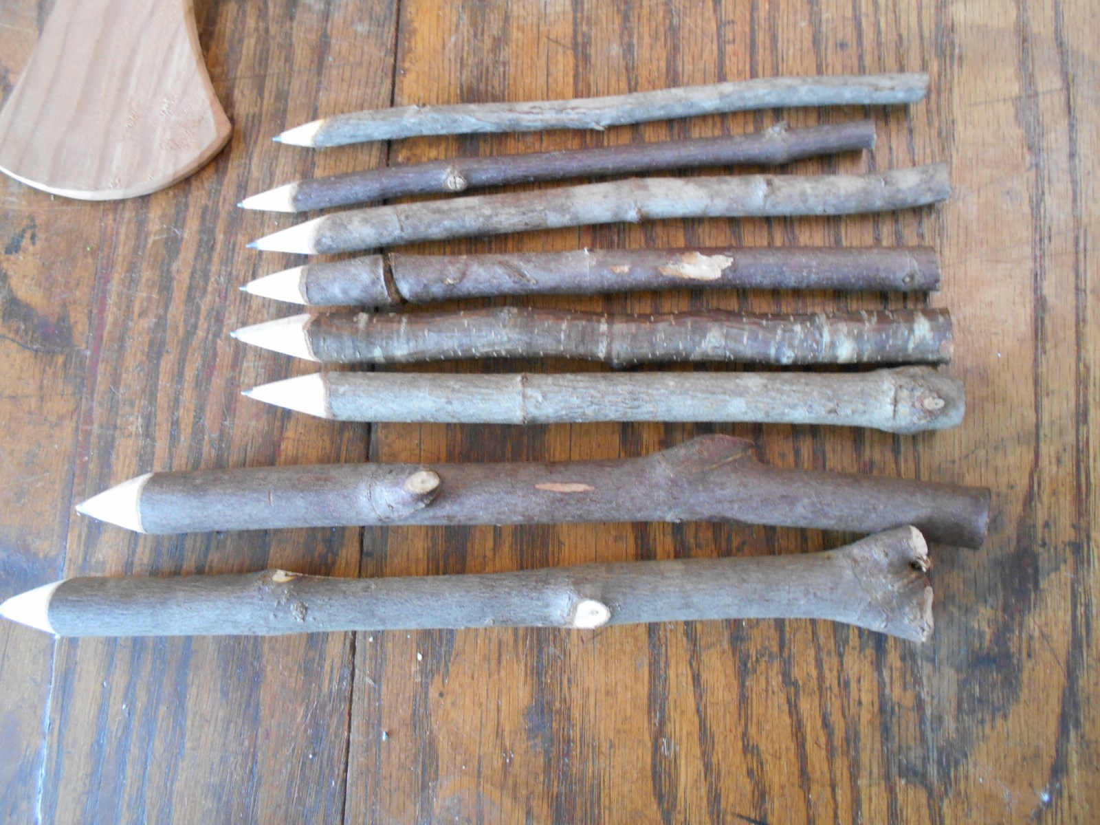 8 hand crafted Iowa Natural tree branch w bark writing pencils & 2 wood hatchets