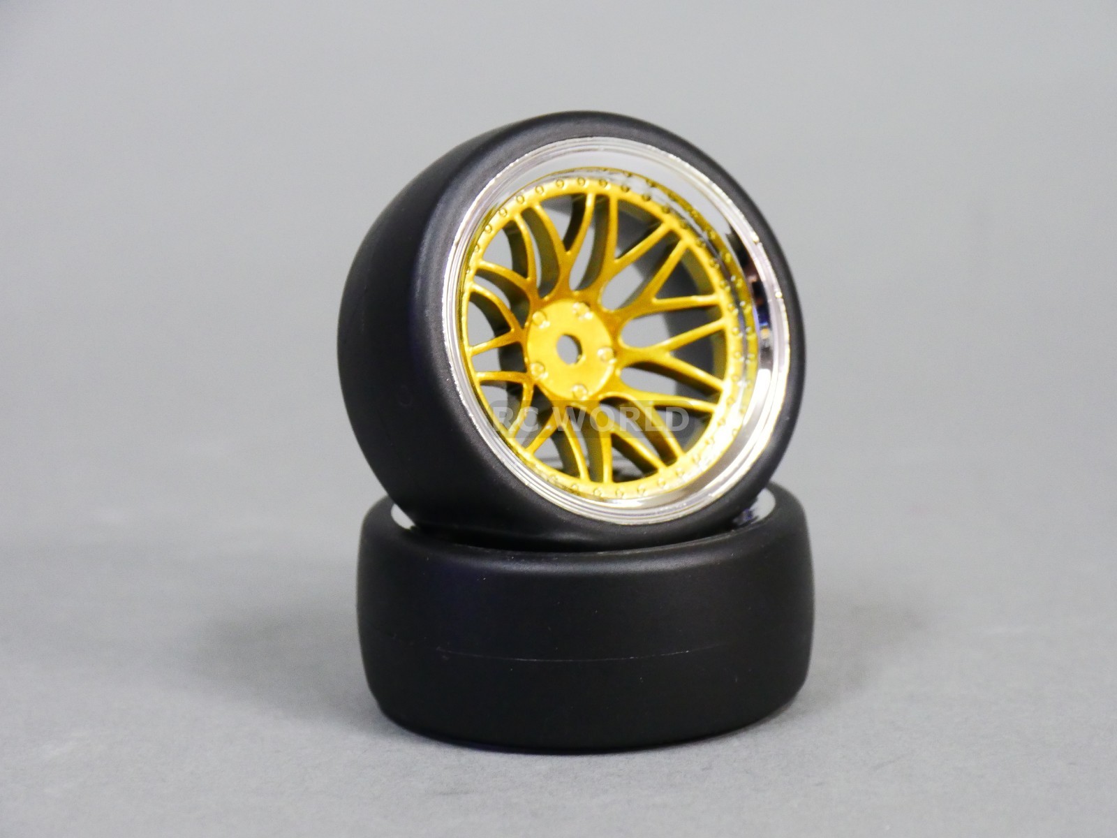 RC Car 1/10 DRIFT WHEELS TIRES Package 9MM Offset GOLD w/ CHROME LIP