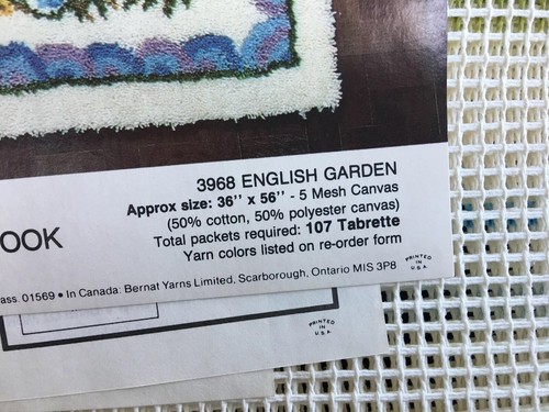 VTG Bernat Latch Hook Kit English Garden Tabrette  Rug 36” X 56” New Canvas Only