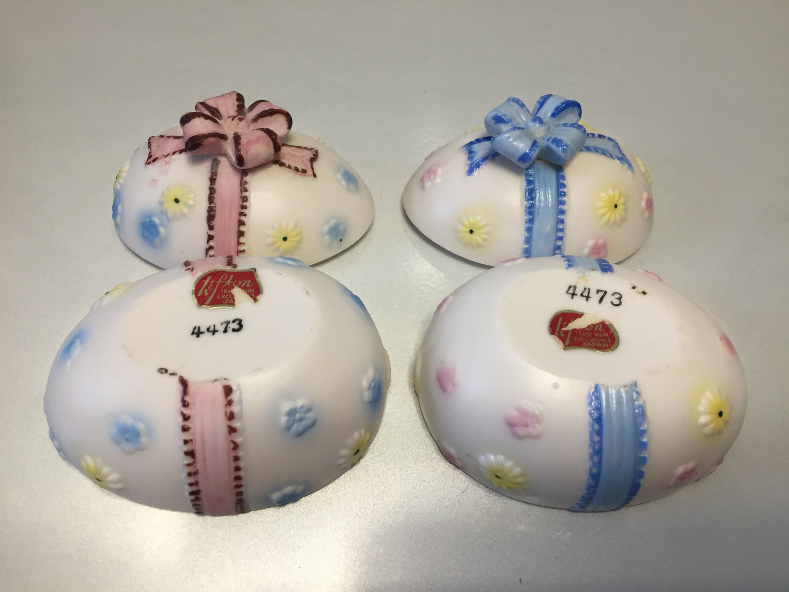 Two Lefton 4473 Covered Eggs With Bow and Flowers