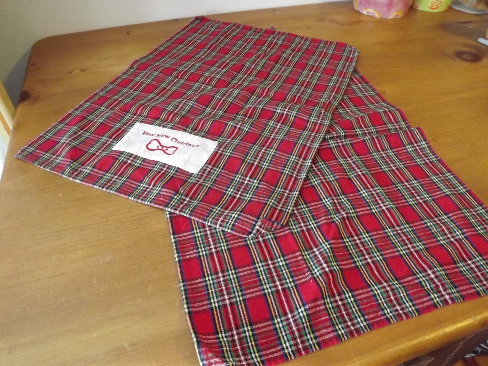 SET OF 2 TARTAN PLAID DISH TOWELS 1 plain & 1 bow wow christmas MARSHA BLANKE