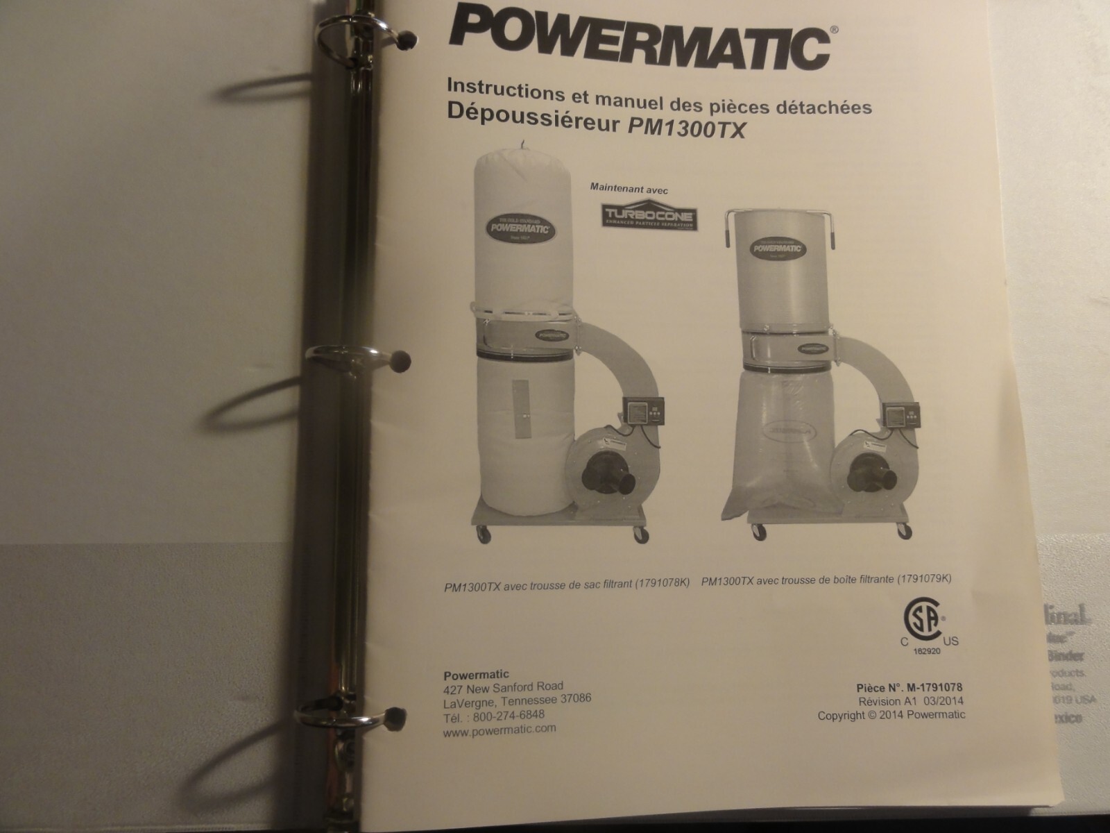 Powermatic Model PM1300TX Dust Collector Operating Instructions Parts Manual