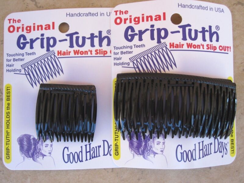 2 Set Of 2 = 4 Black Grip Tuth Hair Comb 1 1/2" & 3 1/4" Usa Made Good Hair Days
