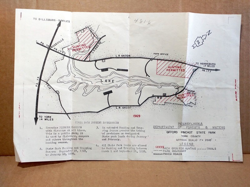 1969 Gifford Pinchot State Park Hunting Map Pennsylvania PA Lake Dam Trapping eBay