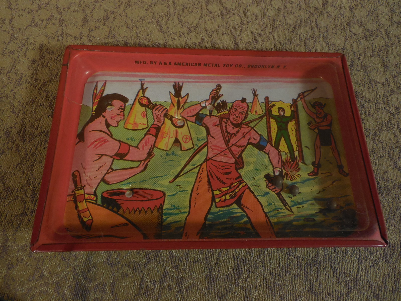 Rare Vintage Tin Litho Dexterity Puzzle Native American Indian A&A Metal Toy USA
