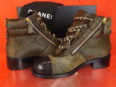 Pre-owned Chanel Brown Gold Charms Chain Black Cap Toe Pony Hair Ankle Boots 39 $2k In Brown/black/gold