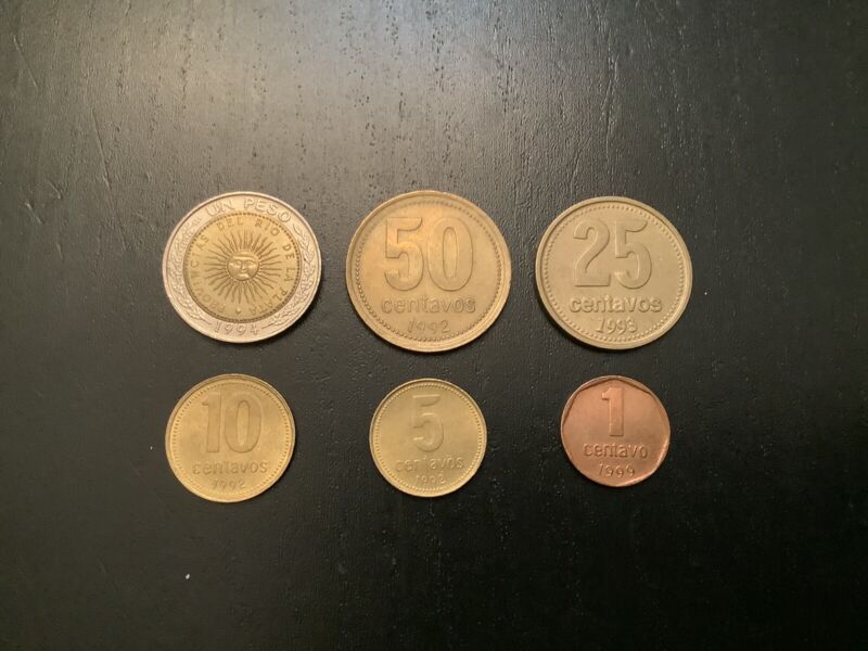 Foreign Coin Lot - Argentina - 1 Peso, 50, 25, 10, 5 and 1 Centavos Set