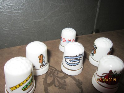 lot of 6 Novelty sewing pictures on Porcelain THIMBLES Vintage Unique items