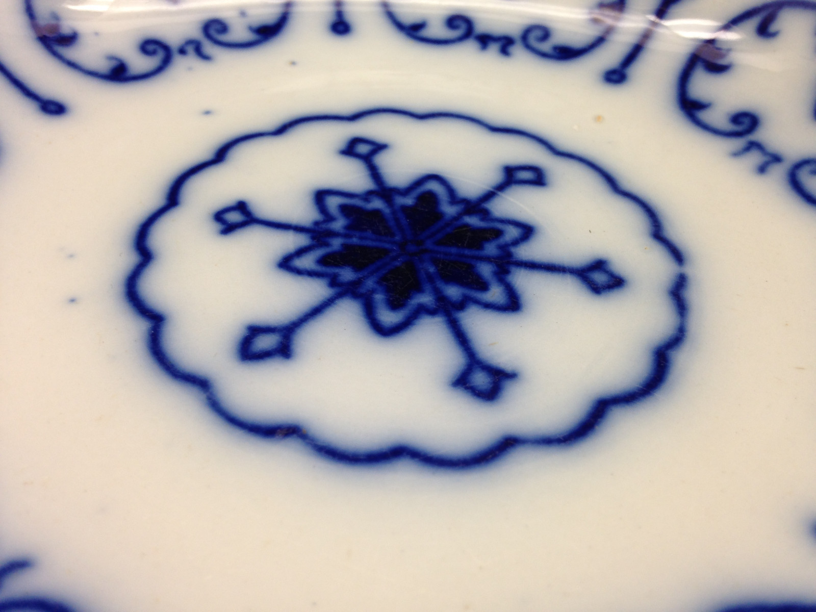 Antique Conway New Wharf Pottery Flow Blue Vegetable Bowl Scrolls Stars Embossed