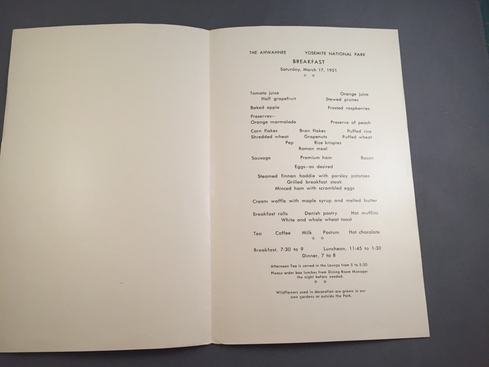 The Ahwahnee Yosemite National Park Breakfast Menu  Ansel Adams Photograph