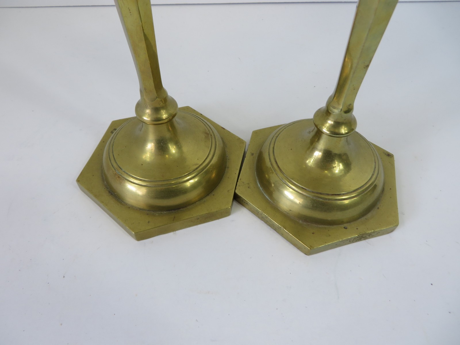 Vintage Brass Candlestick Holder Pair Hexagon Base 10.5