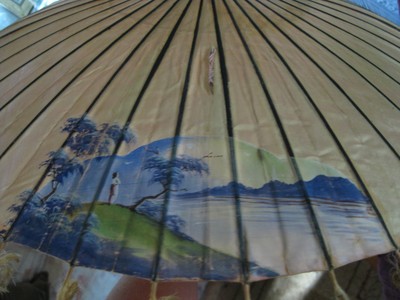 hand-made wood Balinese temple new 34/" diameter colorful fringed fabric PARASOL